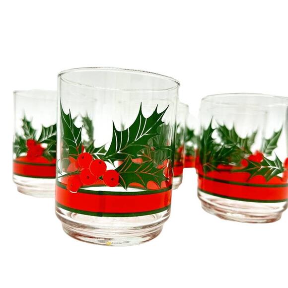 Set of 6 Libbey Bon Vivant Holly Berries Old Fashioned Rocks Glasses Vintage